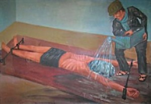 Waterboarding in Cambodia during the Khmer Rouge regime. Painting by former prison inmate Vann Nath at the Tuol Sleng Genocide Museum. Taken from Wikipedia